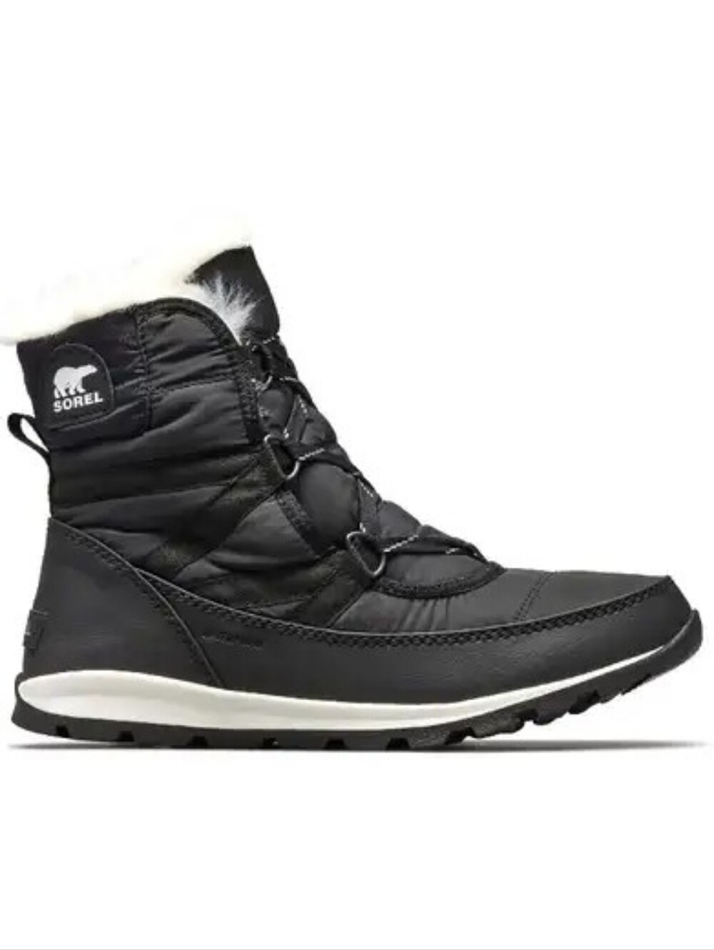 Sorel Black Whitney Winter Short Lace-Up Mid-Calf Boot with White Faux-Fur Trim